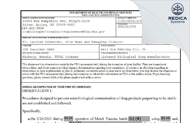 FDA 483 - GSK Vaccines GmbH [Marburg / Germany] - Download PDF - Redica Systems