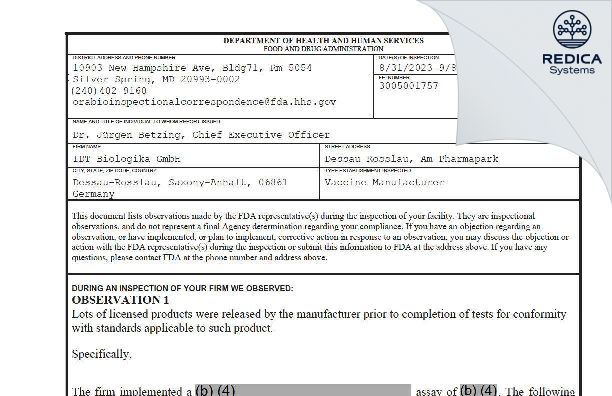 FDA 483 - IDT Biologika GmbH [Dessau-Rosslau / Germany] - Download PDF - Redica Systems