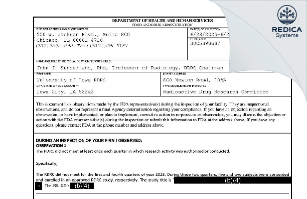 FDA 483 - University of Iowa RDRC [Iowa City / United States of America] - Download PDF - Redica Systems