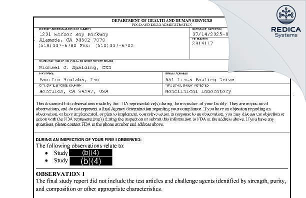 FDA 483 - Pacific BioLabs [Hercules / United States of America] - Download PDF - Redica Systems
