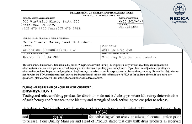 FDA 483 - CosMedical Technologies, LLC [Davie / United States of America] - Download PDF - Redica Systems