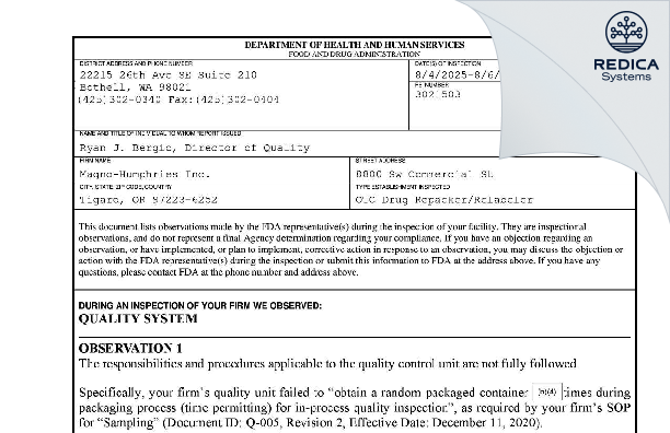 FDA 483 - Magno-Humphries, Inc. [Portland / United States of America] - Download PDF - Redica Systems