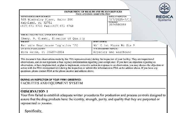 FDA 483 - Reliable Healthcare Logistics, LLC [Boca Raton / United States of America] - Download PDF - Redica Systems