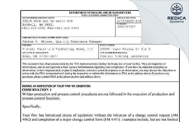 FDA 483 - Element Materials Technology Bend, LLC [Bend / United States of America] - Download PDF - Redica Systems
