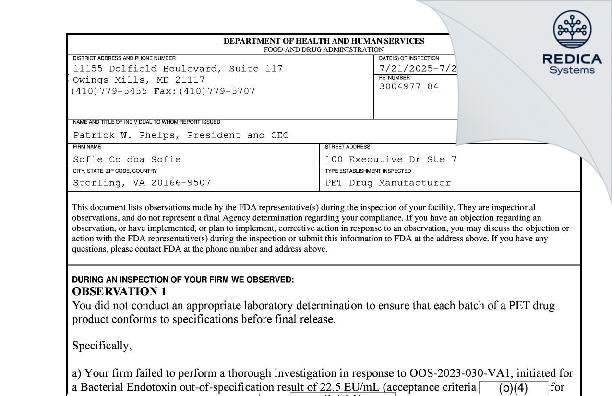 FDA 483 - SOFIE Co. dba SOFIE [Sterling / United States of America] - Download PDF - Redica Systems