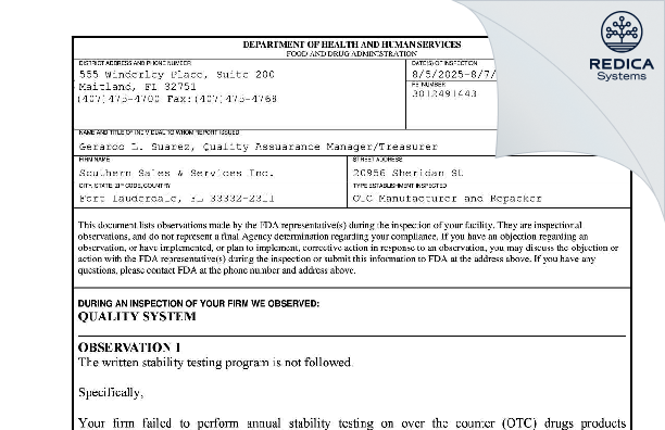 FDA 483 - Southern Sales & Service, Inc. [Fort Lauderdale / United States of America] - Download PDF - Redica Systems
