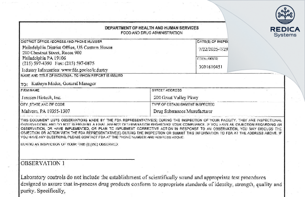 FDA 483 - Janssen Biotech, Inc. [Malvern / United States of America] - Download PDF - Redica Systems