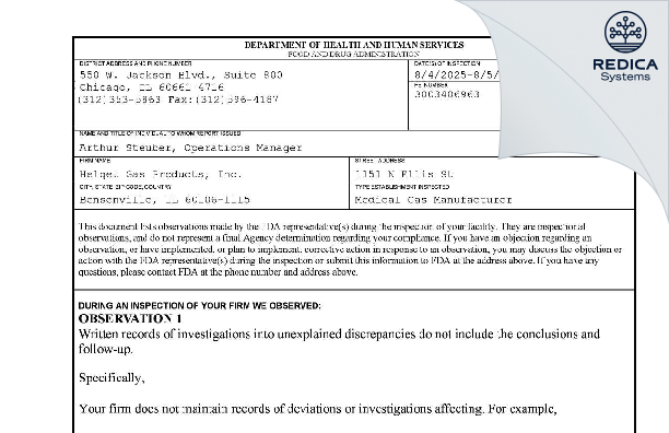 FDA 483 - Helget Gas Products, Inc. [Elk Grove Village / United States of America] - Download PDF - Redica Systems
