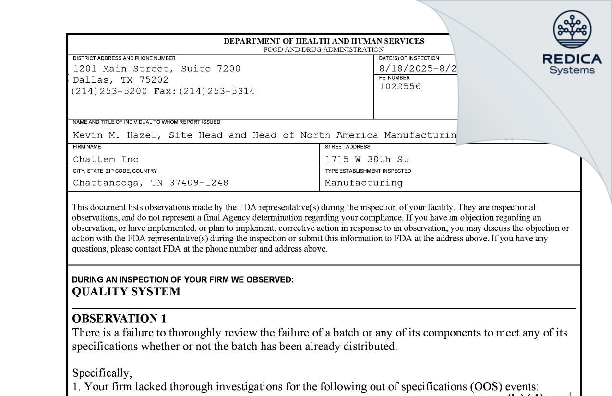 FDA 483 - CHATTEM, INC. [Chattanooga / United States of America] - Download PDF - Redica Systems