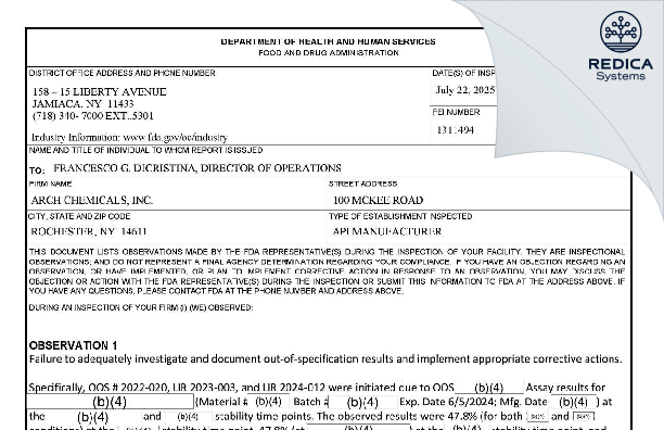 FDA 483 - ARCH CHEMICALS, INC. [Rochester / United States of America] - Download PDF - Redica Systems
