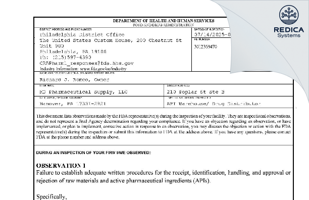 FDA 483 - MD Pharmaceutical Supply, LLC [Hanover / United States of America] - Download PDF - Redica Systems