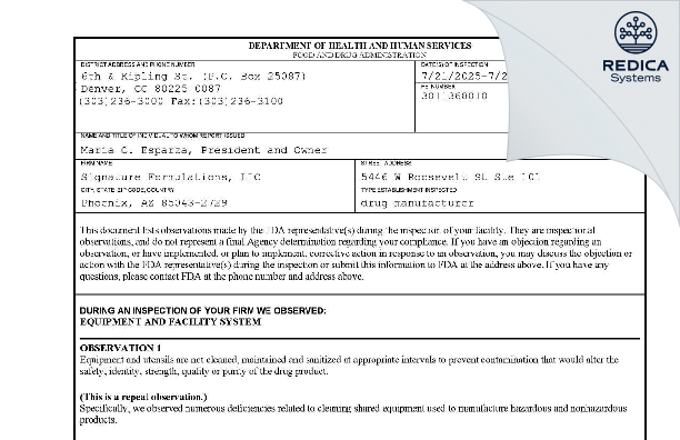 FDA 483 - Signature Formulations LLC [Phoenix / United States of America] - Download PDF - Redica Systems