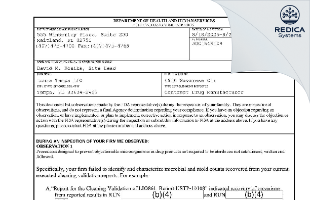 FDA 483 - Lonza Tampa LLC [Tampa / United States of America] - Download PDF - Redica Systems