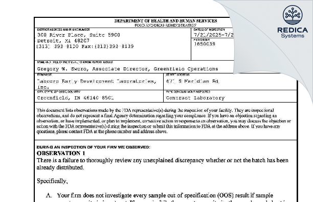 FDA 483 - Labcorp Drug Development Inc. [Greenfield / United States of America] - Download PDF - Redica Systems