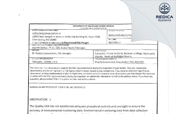 FDA 483 - DR. REDDY'S LABORATORIES LTD [Uppal / India] - Download PDF - Redica Systems