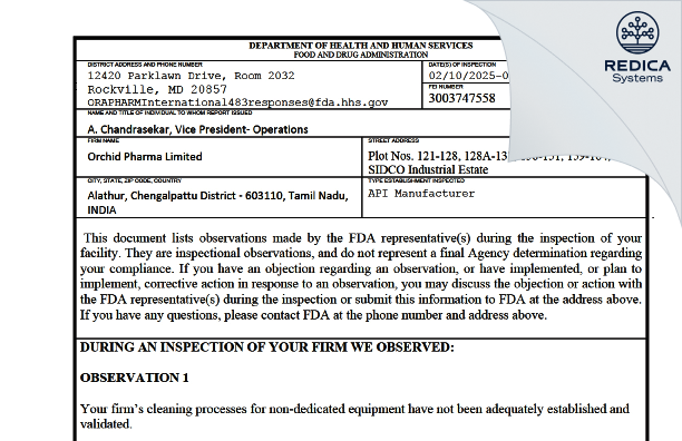 FDA 483 - Orchid Pharma Limited [Thiruporur / India] - Download PDF - Redica Systems