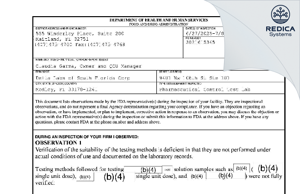 FDA 483 - Delta Labs of South Florida Corp [Medley / United States of America] - Download PDF - Redica Systems