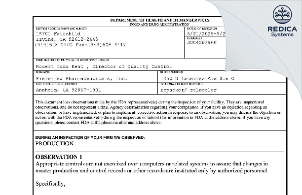 FDA 483 - Preferred Pharmaceuticals Inc. [Anaheim / United States of America] - Download PDF - Redica Systems