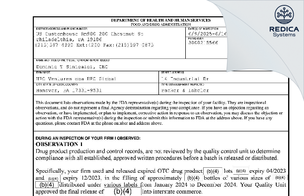 FDA 483 - HANOVER PEN CORP [Hanover / United States of America] - Download PDF - Redica Systems