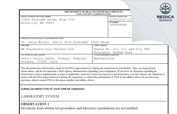 FDA 483 - BE Pharmaceuticals Private Limited [Paonta Sahib / India] - Download PDF - Redica Systems
