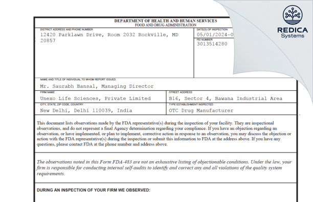 FDA 483 - Unexo Life Sciences Private Ltd. [New Delhi / India] - Download PDF - Redica Systems