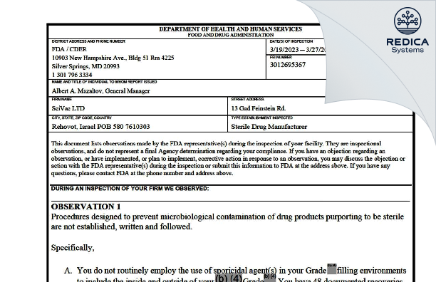 FDA 483 - SciVac Ltd [Rehovot / Israel] - Download PDF - Redica Systems
