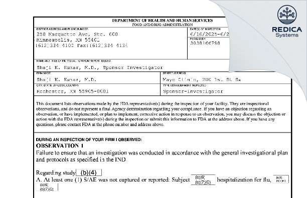 FDA 483 - Shaji K. Kumar, M.D. [Rochester / United States of America] - Download PDF - Redica Systems