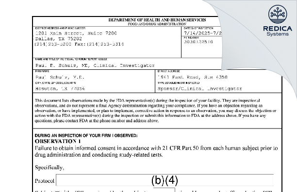 FDA 483 - Paul Schulz M.D. [Houston / United States of America] - Download PDF - Redica Systems