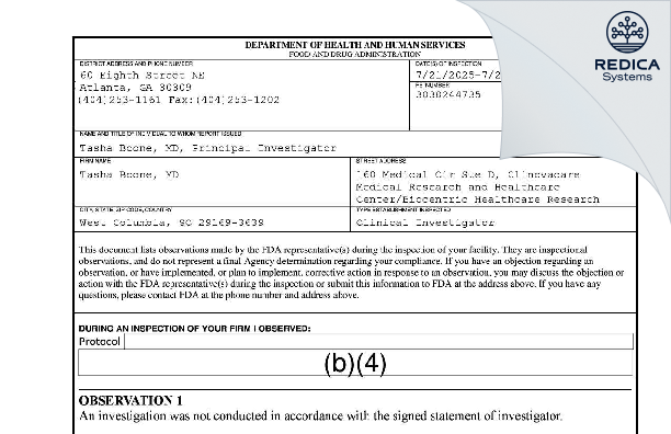 FDA 483 - Tasha Boone, MD [West Columbia / United States of America] - Download PDF - Redica Systems