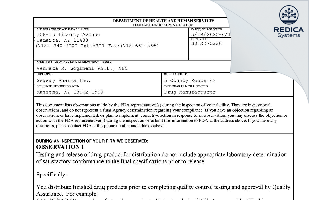 FDA 483 - SEAWAY PHARMA [Massena / United States of America] - Download PDF - Redica Systems