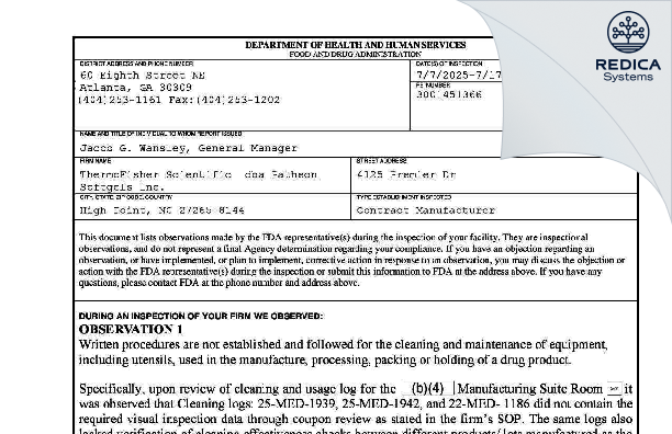 FDA 483 - Patheon Softgels Inc. [High Point / United States of America] - Download PDF - Redica Systems