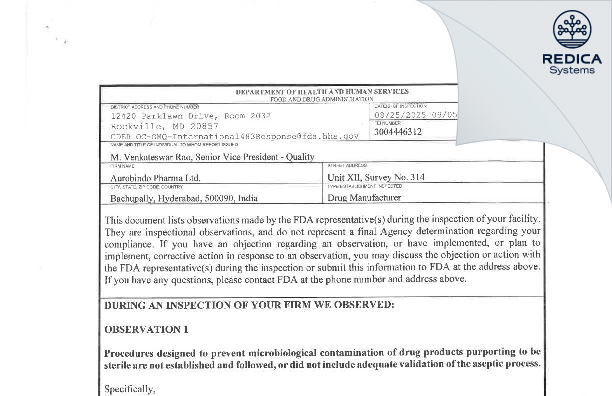 FDA 483 - Aurobindo Pharma Limited [Hyderabad / India] - Download PDF - Redica Systems