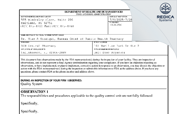FDA 483 - DOH CENTRAL PHARMACY [Tallahassee / United States of America] - Download PDF - Redica Systems