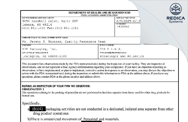 FDA 483 - EPM Packaging Inc [Lexington / United States of America] - Download PDF - Redica Systems