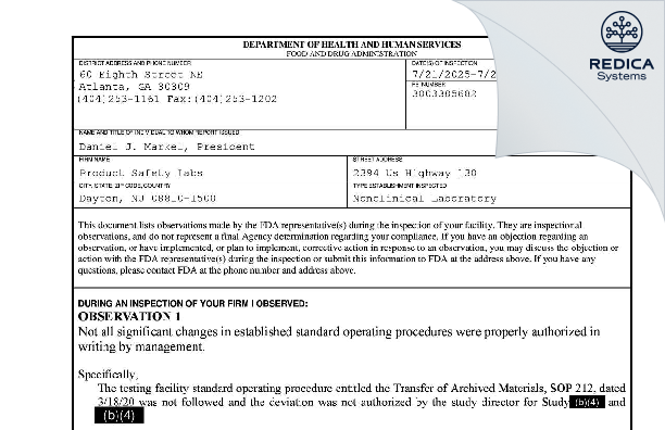 FDA 483 - Product Safety Labs [Dayton / United States of America] - Download PDF - Redica Systems