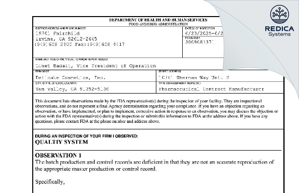 FDA 483 - DELICATE COSMETICS INC [Sun Valley / United States of America] - Download PDF - Redica Systems