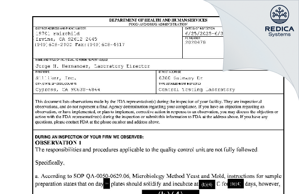 FDA 483 - Silliker, Inc dba Mérieux NutriSciences [Cypress / United States of America] - Download PDF - Redica Systems