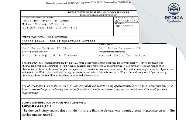 FDA 483 - Carl Zeiss Meditec AG (Jena) [Jena / Germany] - Download PDF - Redica Systems