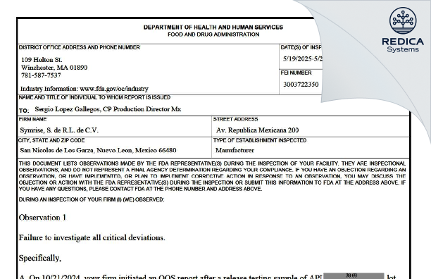 FDA 483 - Symrise, S. DE R.L.DE C.V. [Cuauhtémoc / Mexico] - Download PDF - Redica Systems