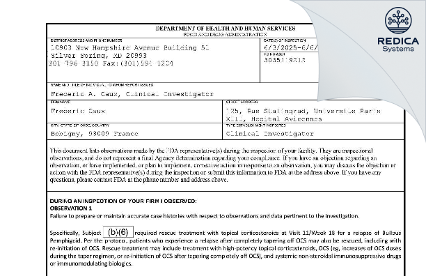 FDA 483 - Frederic Caux [Bobigny / France] - Download PDF - Redica Systems