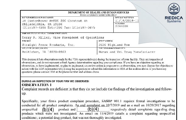 FDA 483 - Straight Arrow Products, Inc. [Bethlehem / United States of America] - Download PDF - Redica Systems