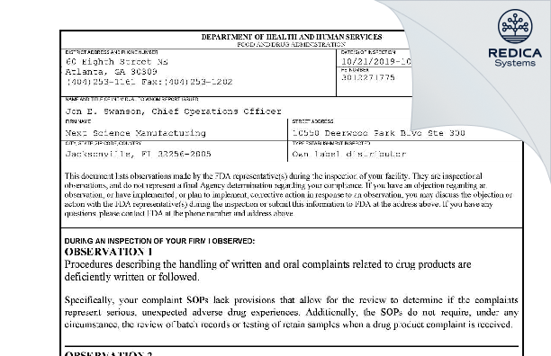 FDA 483 - Next Science Manufacturing [Jacksonville / United States of America] - Download PDF - Redica Systems