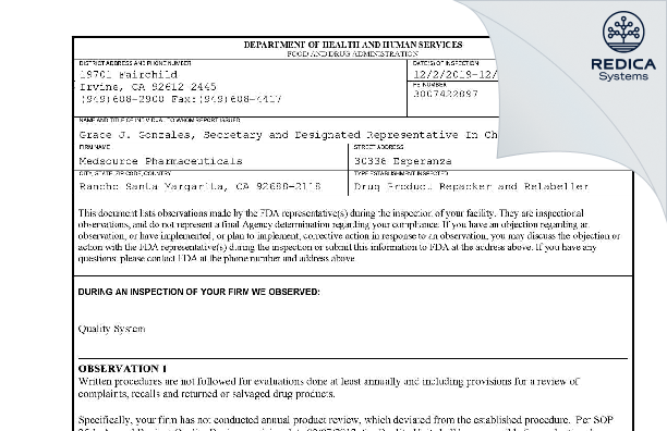 FDA 483 - Medsource Pharmaceuticals [Rancho Santa Margarita / United States of America] - Download PDF - Redica Systems