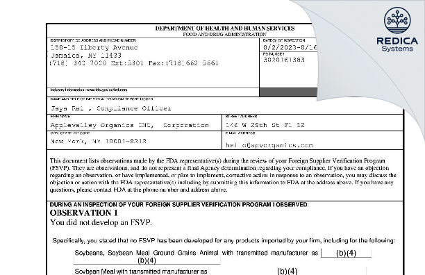 FDA 483 - Applevalley Organics INC, Corporation [New York / United States of America] - Download PDF - Redica Systems