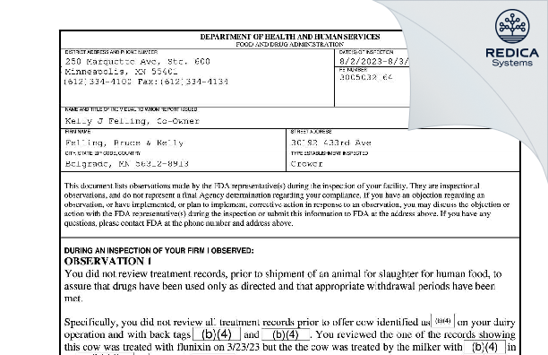 FDA 483 - Felling, Bruce & Kelly [Belgrade / United States of America] - Download PDF - Redica Systems