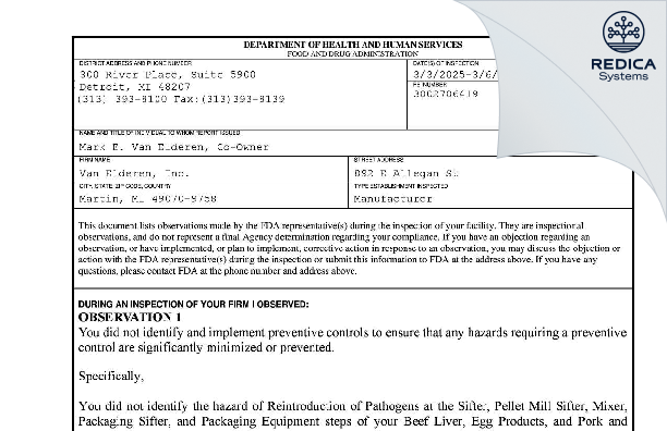 FDA 483 - Van Elderen, Inc. [Martin / United States of America] - Download PDF - Redica Systems