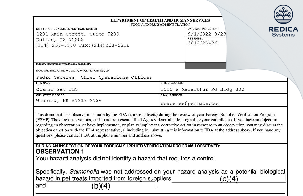 FDA 483 - Cosmic Pet LLC [Wichita / United States of America] - Download PDF - Redica Systems