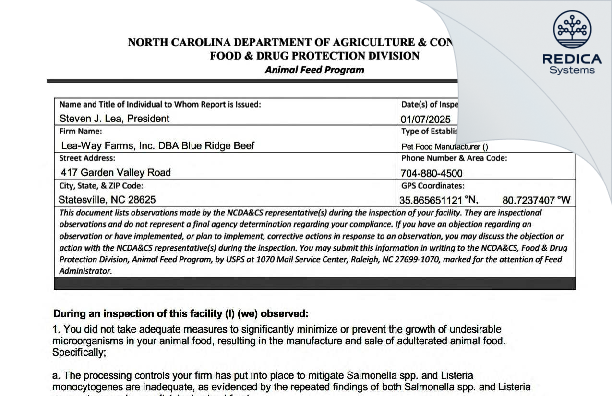 FDA 483 - Lea-Way Farms Inc. dba Blue Ridge Beef [Statesville / United States of America] - Download PDF - Redica Systems
