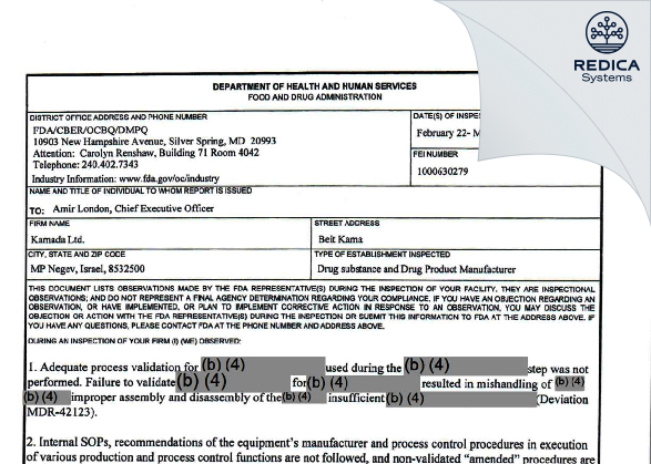 FDA 483 - Kamada - Production Plant [Bet Kama / Israel] - Download PDF - Redica Systems