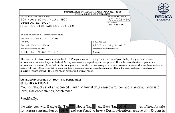 FDA 483 - Daryl Martin Farm [Elkhart / United States of America] - Download PDF - Redica Systems
